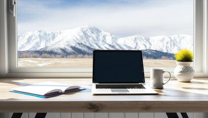 Comfortable workplace with laptop computer, cup of beverage and window with beautiful mountain landscape. Indoor background. AI generative image.