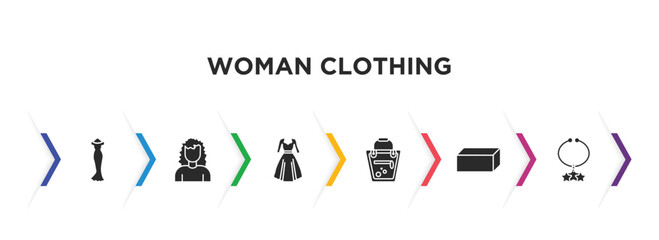 woman clothing filled icons with infographic template. glyph icons such as female long black dress, 