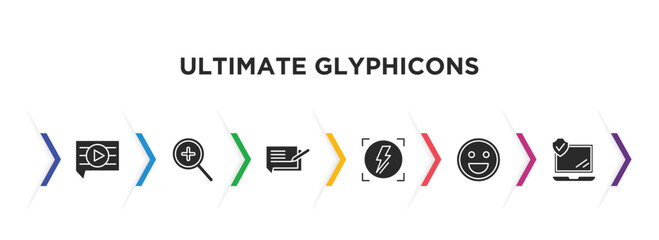 Poster - ultimate glyphicons filled icons with infographic template. glyph icons such as video comment, zoom button, writing message, automatic flash, smiling face, internet security vector.