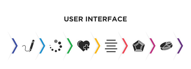 Poster - user interface filled icons with infographic template. glyph icons such as pen writing a line, loading process, add a like, justify, pentagonal chart, pie with four areas vector.