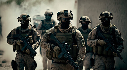 Military Tactical Special Squad Special Forces Unit, Equipped Armed Soldiers, Full Gear, Wartime, Battlefield Epic Scene