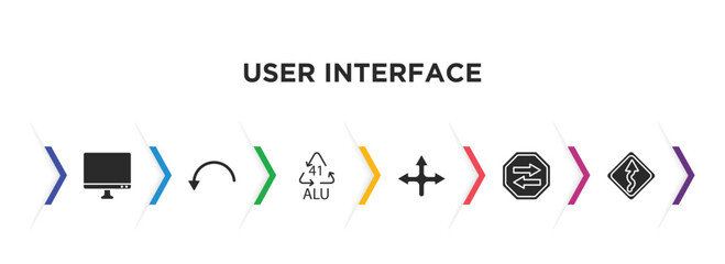 Poster - user interface filled icons with infographic template. glyph icons such as display, curve arrows, 41 alu, crossroad, two left arrows, curvy road ahead vector.