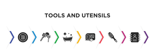 tools and utensils filled icons with infographic template. glyph icons such as bold, key ring with two keys, bath tub, house on wheels, combs, telephone agenda vector.