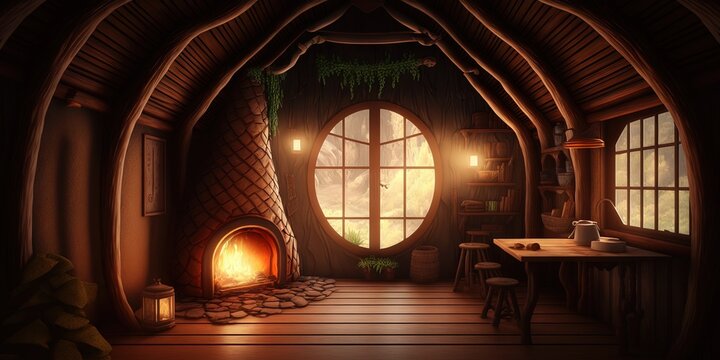 the interior of a hobbit house, a wooden hut with a fantasy feel, is inside, generative ai