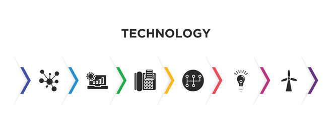 Poster - technology filled icons with infographic template. glyph icons such as conection, analysis process, fax phone, transmission, light bulb idea, eolic vector.