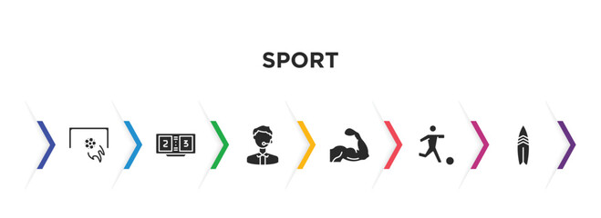 Wall Mural - sport filled icons with infographic template. glyph icons such as football, scoreboard, commentator, muscle, soccer, surf vector.