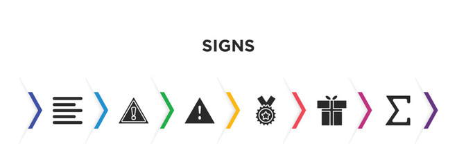 signs filled icons with infographic template. glyph icons such as align right, exclamation mark, alert, class reward, gift shop, the sum of vector.