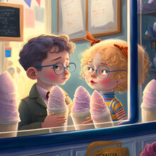 A Small Couple Is In Front Of A Cotton Candy Stand