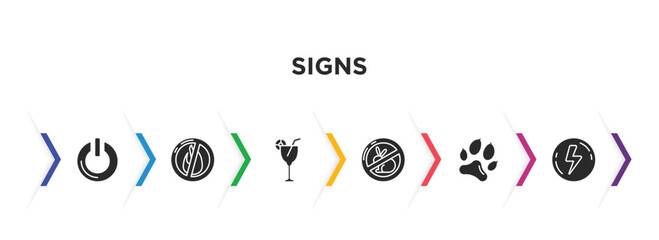 Sticker - signs filled icons with infographic template. glyph icons such as power button, no fire, drinks, no animals, pet, lightning warning vector.