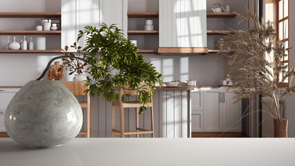 Wall Mural - White mat table shelf with round marble vase and potted bonsai, green leaves, over modern farmhouse kitchen and dining room, interior design, clean architecture concept idea