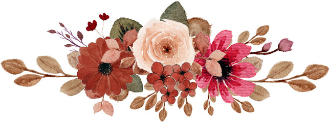 Wall Mural - Vintage Red And Brown Watercolor Floral Arrangement Illustration