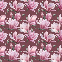 Wall Mural - Seamless floral pattern with magnolia hand-drawn painted in a watercolor style. The seamless pattern can be used on a variety of surfaces, wallpaper, textiles or packaging.