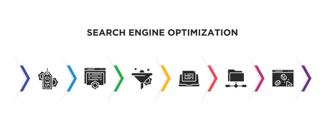 Sticker - search engine optimization filled icons with infographic template. glyph icons such as tags, content, funnel, blogging, shared folder, pay per click vector.