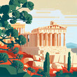 view of Acropolis of Athens cartoon style flat design, generative ai