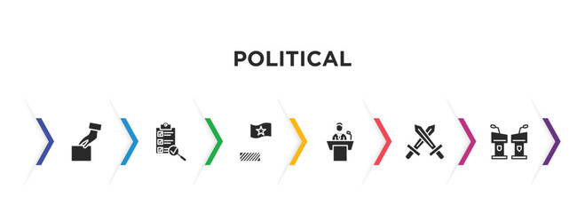 Poster - political filled icons with infographic template. glyph icons such as ballot, checking, political flag, political speech, war, debate vector.