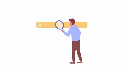 Fototapete - Animated guy with search string. Curious man with magnifying glass. 2D cartoon flat character 4K video footage on white with alpha channel transparency. Concept animation for web design