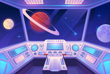 Spaceship interior. Colorful poster with view from cockpit of rocket to planets and stars in outer space. Design element for mobile game or application. Cartoon flat vector illustration