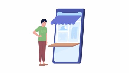 Fototapete - Animated buying clothes online. Happy customer paying wireless for goods. 2D cartoon flat character 4K video footage on white with alpha channel transparency. Concept animation for web design
