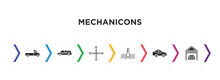 Mechanicons Filled Icons With Infographic Template. Glyph Icons Such As Pick Up Truck, Limousine Side View, Changing Wheels Tool, Car Temperature, Taxi Side, Car Inside A Garage Vector.