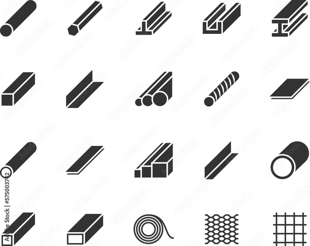 Vector set of steel and metal flat icons. Contains icons steel corner ...