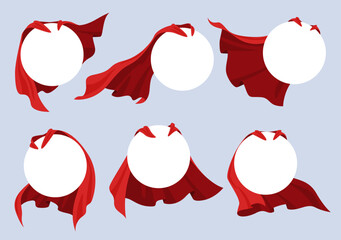 Superhero red cape label. Silk cloak with red fabric in different positions. Vector illustration