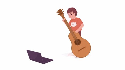 Poster - Animated boy with guitar and laptop. Kid musical instrument online lesson. Flat character animation on white background with alpha channel transparency. Color cartoon style 4K video footage