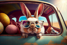 Cute Easter Bunny With Sunglasses Looking Out Of A Car Filed With Easter Eggs, Generative AI