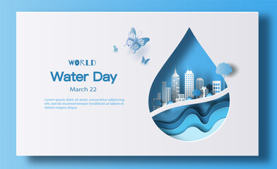 world water day, save water, a water drop with a city inside. paper illustration and 3d paper.