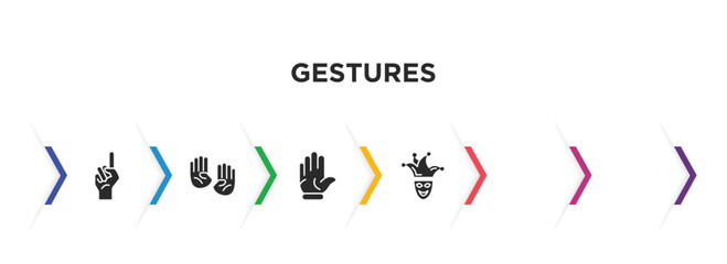 Poster - gestures filled icons with infographic template. glyph icons such as finger up, smudge, deaf, piercings, hand up, joker face vector.