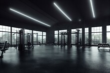Gym Interior Barbell And Machines Dark Background, Generative Ai