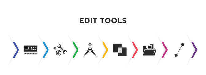 Poster - edit tools filled icons with infographic template. glyph icons such as blue card, repair tools, calipers, opacity, file folder, line tool vector.