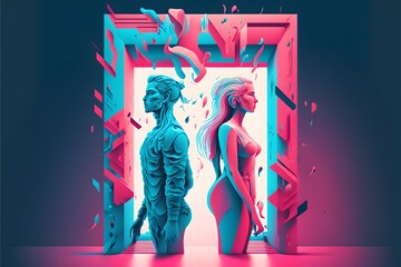 Wall Mural - Gender Equality illustration with a blue man statue and pink woman statue