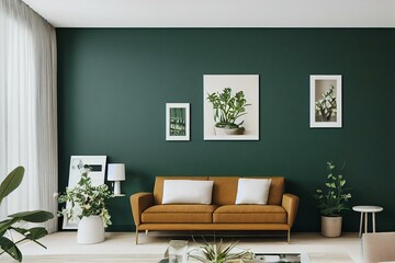 fine apartment's stylish living room decor with faux poster frame, flowers in vase, camera, and eleg