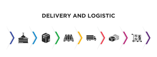 Poster - delivery and logistic filled icons with infographic template. glyph icons such as delivery containers, box, pallet, shipping, express delivery, package on trolley vector.
