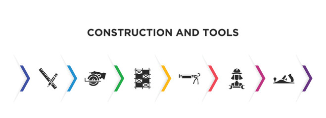 Poster - construction and tools filled icons with infographic template. glyph icons such as pencil and ruler, chop saw, scaffolding, caulk gun, mechanic working, planer vector.