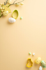 Wall Mural - easter decorations concept. top view vertical photo of colorful easter eggs baking molds and easter 