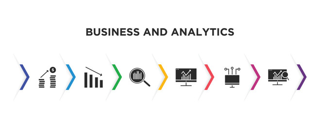 Poster - business and analytics filled icons with infographic template. glyph icons such as revenue, depleting chart, search analytics, analytics monitor, connected data, database analysing vector.