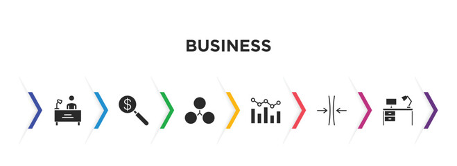 Poster - business filled icons with infographic template. glyph icons such as director desk, money finder, cooperate, graphs, thin, work table vector.