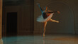 © Framestock - Cinematic shot of graceful female ballet dancer on choreography rehearsal in theater lobby, practicing elegant movements. Ballerina in tutu before performance in opera. Classical theatrical ballet art