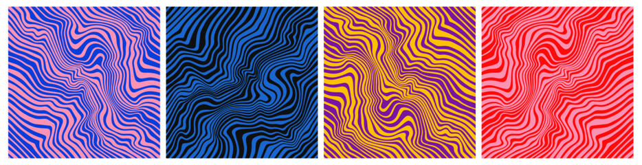 Fototapete - Set of Wavy Seamless Trippy Patterns in Psychedelic Colors. Abstract Vector Swirl Backgrounds. 1970 Aesthetic Textures with Flowing Waves. Seventies Style, Groovy Background, Wallpaper, Print