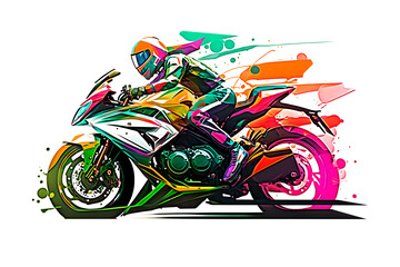 Wall Mural - Sticker of Biker on sport motorcycle in watercolor style on white background. Neural network AI generated art