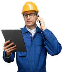 Poster - Engineer with phone and digital tablet