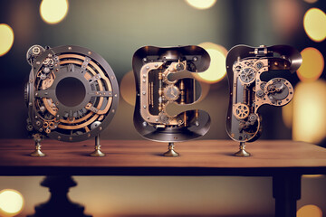 Poster - Vintage steampunk style letters standing on the table with blurred bokeh background. Font set made with Generative AI technology.