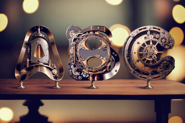 Poster - Vintage steampunk style letters standing on the table with blurred bokeh background. Font set made with Generative AI technology.