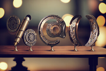 Poster - Vintage steampunk style letters standing on the table with blurred bokeh background. Font set made with Generative AI technology.