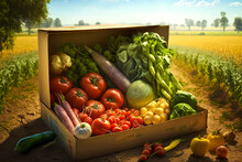 Box Full Of Vegetables Sitting In Field. Generative AI.
