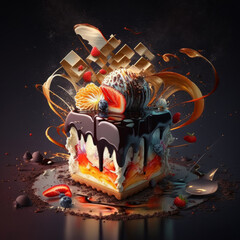 Poster - An image of piece of cake with chocolate and sprinkles. Generative AI.