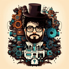 Sticker - An illustration of man with glasses and top hat. Generative AI.