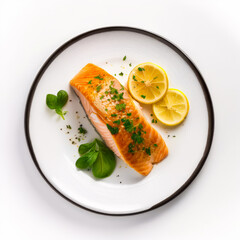 Poster - Piece of salmon on plate with lemon slices. Generative AI.