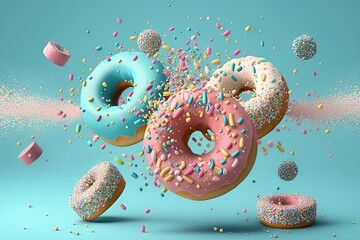 Flying Frosted sprinkled donuts . AI generated art illustration.